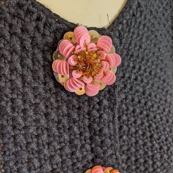 MANOUSH Anthropologie Black Wool Blend Soft Knit sequin Flower Sweater cardigan - Picture 7 of 12